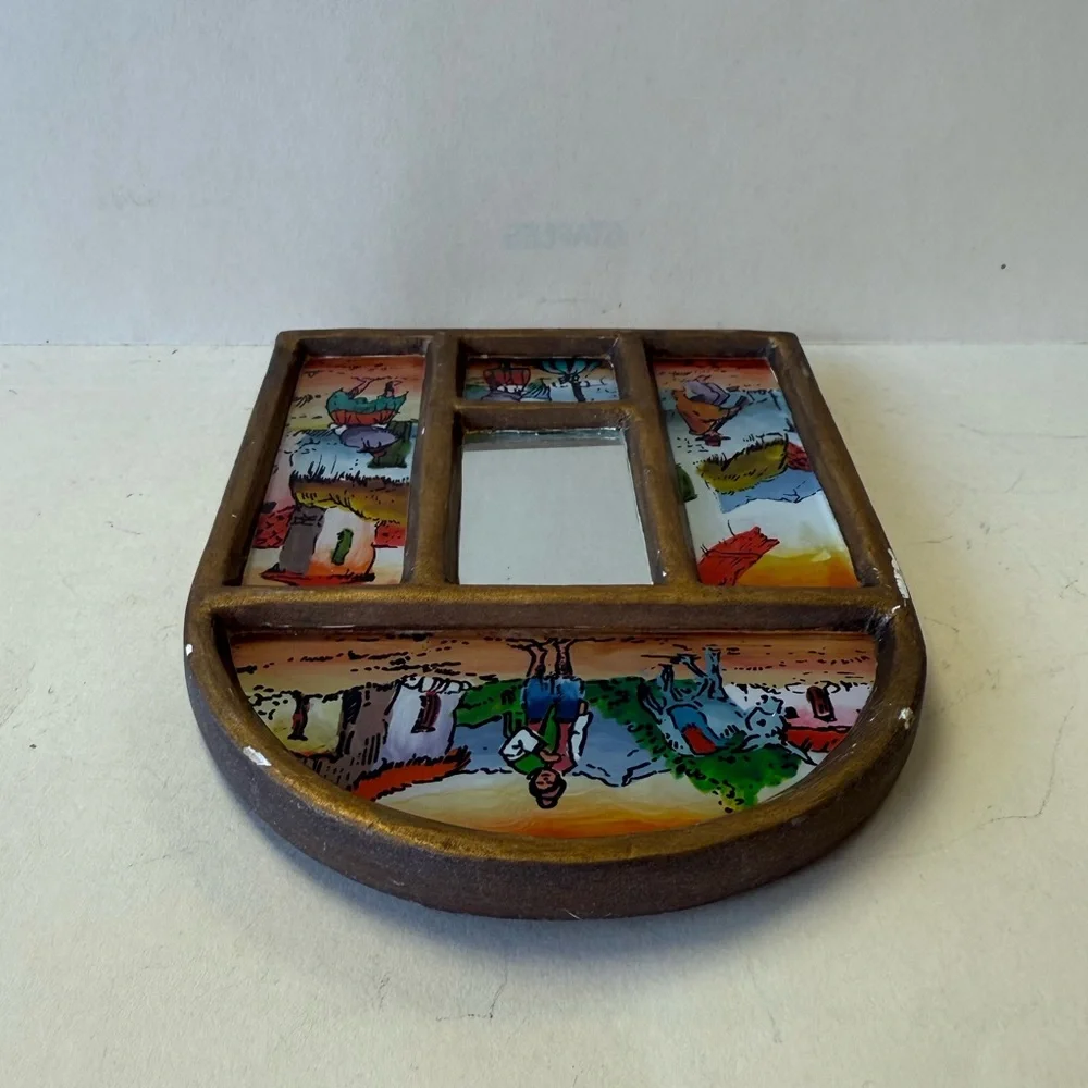 Vintage Peru Folk Art Painted Mirror Wood Frame Wall Hanging Handcrafted Decor